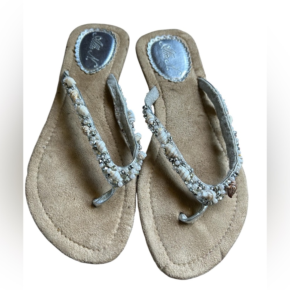 Beaded Beige Suede Flip Flop Sandals - Women
